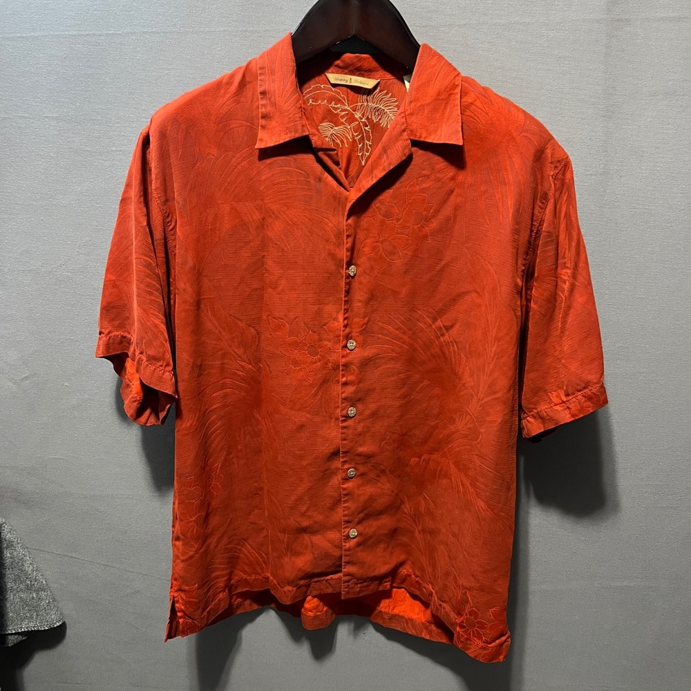 Tommy Bahama Mens Large Orange 100% Silk Jacquard Tropical Floral Camp Shirt